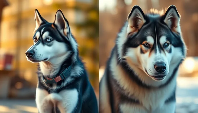 Sibirya Husky ve Alaskan Malamute yan yana dururken fiziksel boyut ve yapı farkını gösteren karşılaştırma görseli