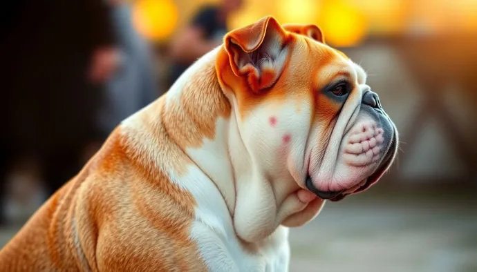 Kırmızı-beyaz tüylü yetişkin İngiliz Bulldog yan profile, geniş göğüs ve kısa burun yapısı görünür