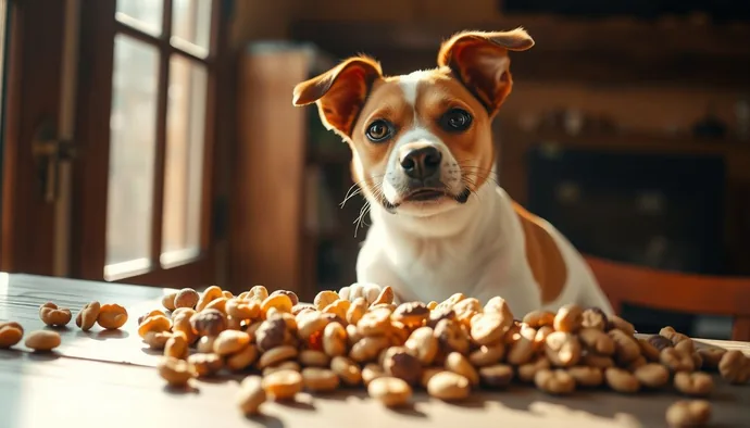Masada çeşitli mama türleri ve bir Jack Russell Terrier köpeğinin yakın plan fotoğrafı
