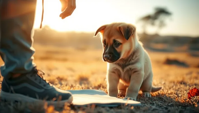 Yavru Kangal köpeği açık alanda tuvalet eğitimi sırasında, yanında sahibi gösteriliyor