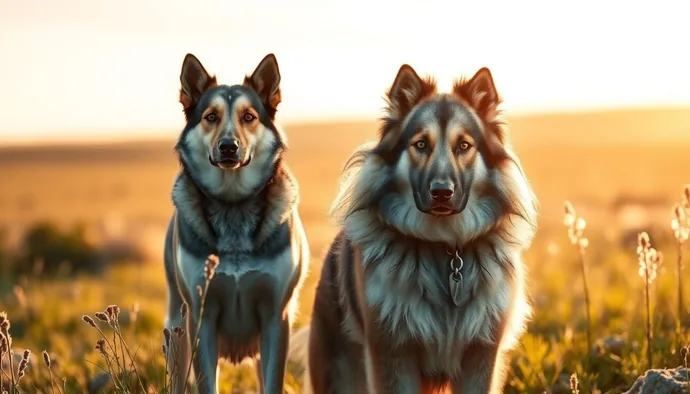 Kangal ve Kavkas çoban köpeklerinin yan yana durduğu fotoğraf, boy ve tüy farklılıklarını gösteriyor