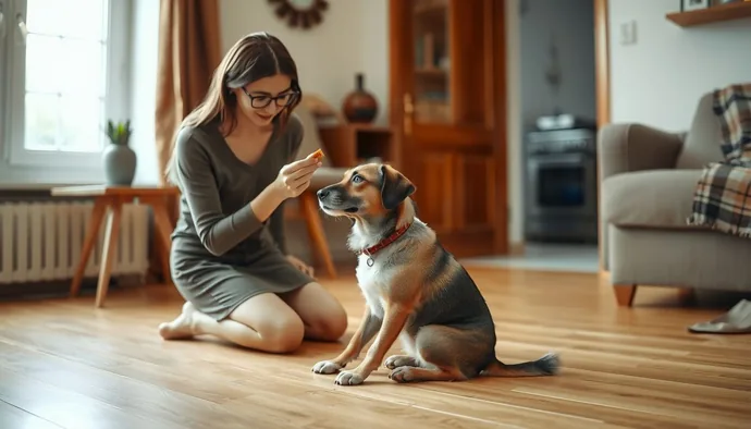 Apartman dairesinde köpek eğitimi veren sahip, küçük alanda oturma komutu çalışıyor