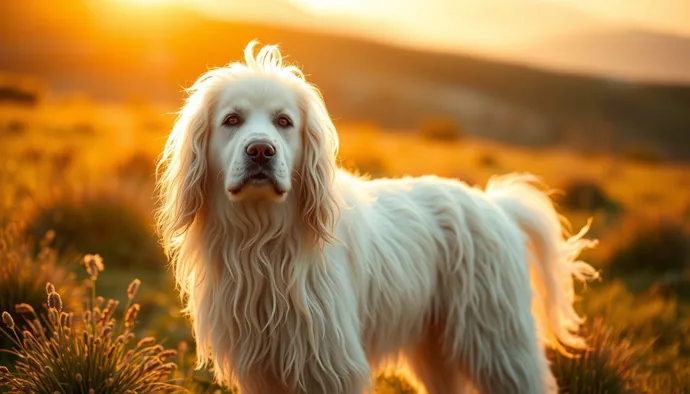 Fildişi rengi ip düğümü kürküyle dikkat çeken yetişkin bir Komondor köpeği