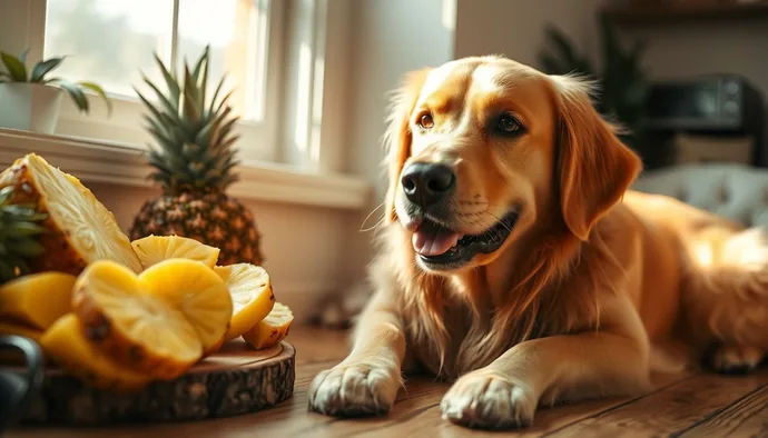 Taze ananas dilimlerinin yanında duran sağlıklı köpek