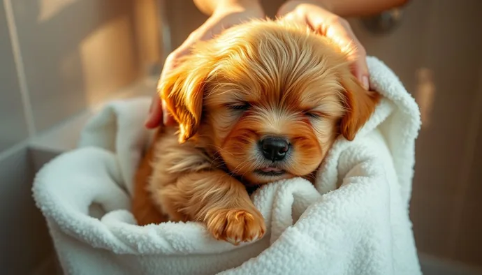 Yavru köpeğin yumuşak bir havluyla kurutulması, banyo sonrası doğru kurulama tekniği