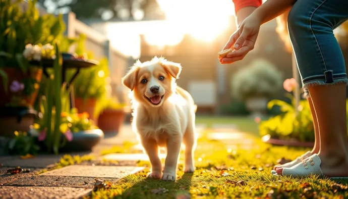 Yavru köpek dışarıda çiş yaparken sahip ödül veriyor, bahçe ortamında eğitim anı