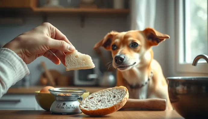 Köpeğe sade ekmek parçası verirken porsiyon kontrolü yapan sahip