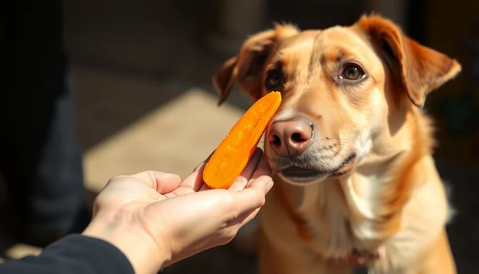 Köpek sahibi, güvenli bir atıştırmalık olarak havuç dilimi sunuyor