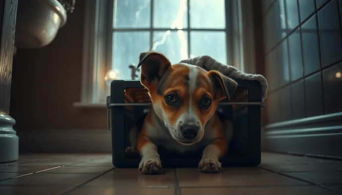 Köpeğin gök gürültülü fırtına sırasında güvenli bir alana saklandığı görüntü