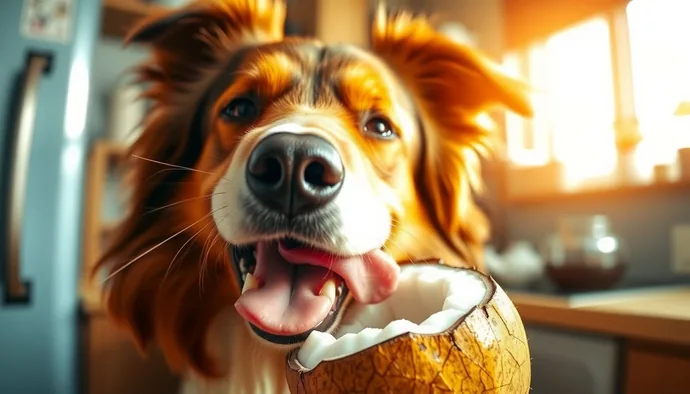 Taze hindistan cevizi parçasını yalayan evcil köpek