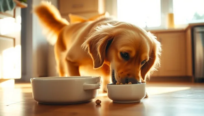 Bir köpeğin mama kabına odaklanmış şekilde hızlı yeme pozisyonunda olduğu sahne
