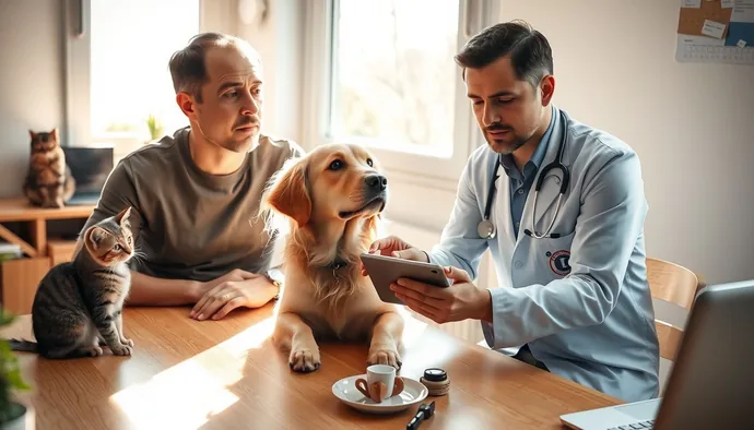 Veteriner hekim, köpek sahibiyle eğitim planı üzerinde çalışırken — profesyonel desteğin önemi