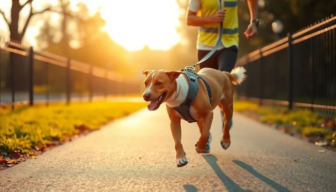 Sahibiyle birlikte koşan aktif bir köpek, uygun koşu ekipmanları ve güvenli ortam