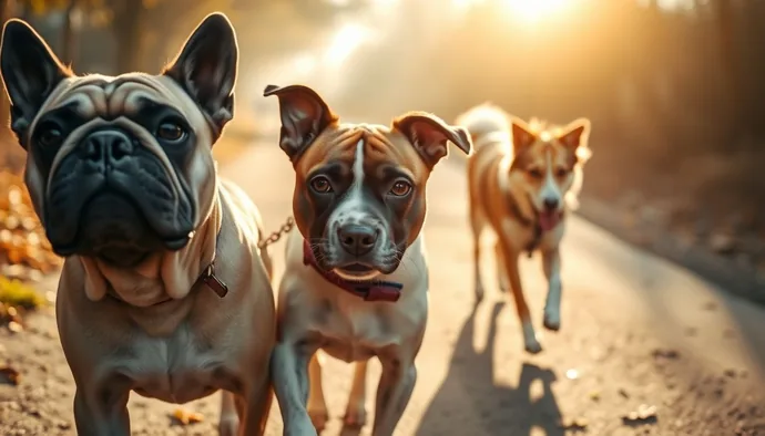 Farklı ırklardan köpeklerin yürüyüş sırasında çekilmiş fotoğrafı: ön planda kısa burunlu bir köpek, arkada atletik yapılı bir çoban köpeği