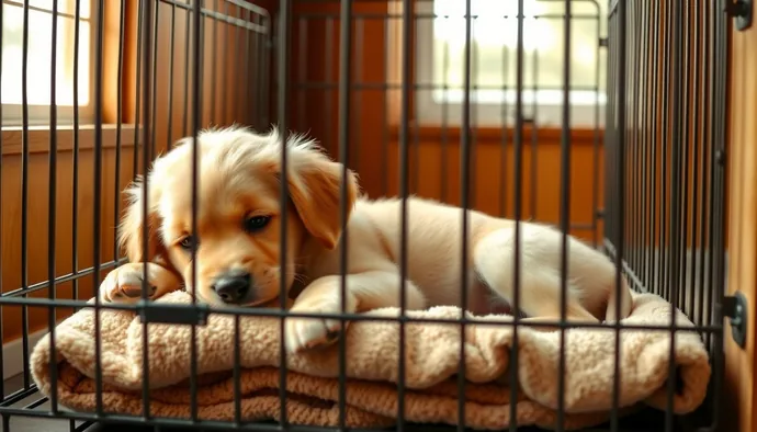 Yavru köpek metal kafes içinde sakin şekilde uzanırken