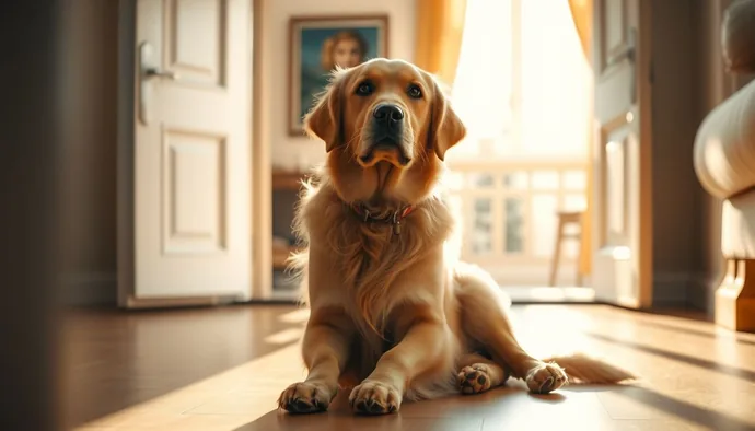 Köpek kapı eğitiminde 'otur' komutuyla kapı bekleyen Golden Retriever