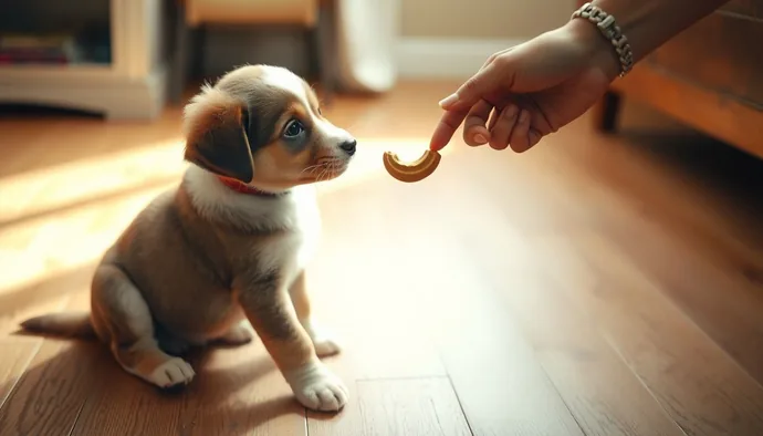Yavru köpek oturma komutu alırken, önünde mama ödülü ve sahibin el rehberliği görülüyor