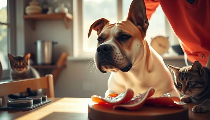 Köpeklerin salam tüketimi sonrası dikkat edilmesi gereken belirtileri gösteren kedi köpek sahnesi