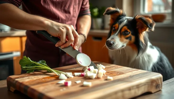 Köpeksever, beyaz turpu küçük parçalara bölerek köpeğine sunuyor