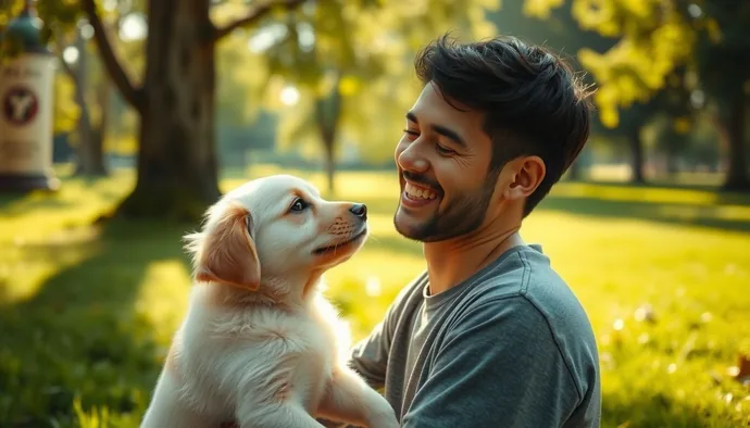 Yavru köpeğin dışarıda tuvalet eğitimi sırasında sahibiyle birlikte yeşil bir parkta poz vermesi