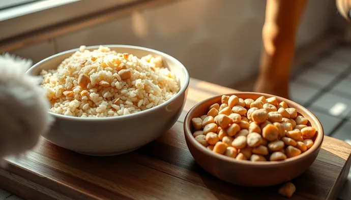 Haşlanmış bulgur taneleri, köpek maması yanında