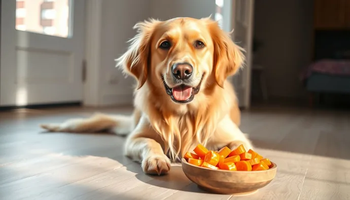 Bir köpeğin önünde çiğ havuç parçaları, köpek beslenmesinde havuç kullanımını gösteren görsel
