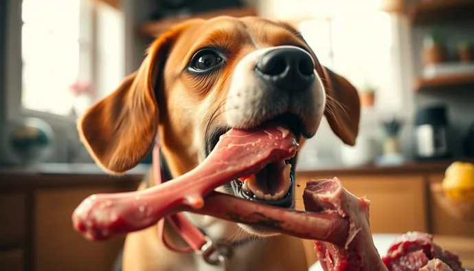 Çiğ boyun kemiği çiğneyen orta boy köpek, uygun boyut ve tip seçimi gösteriliyor