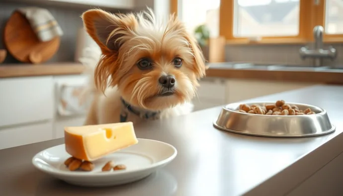 Küçük bir köpeğin önünde az miktarda kaşar peyniri parçası, yanında mama kabı