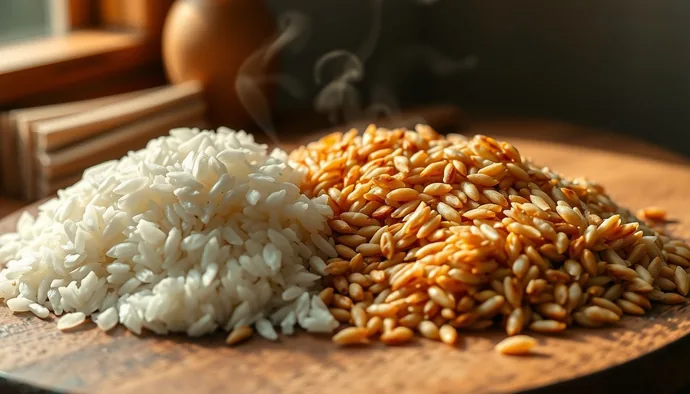 Pişmiş beyaz pirinç ve esmer pirinç tanelerinin karşılaştırmalı görseli