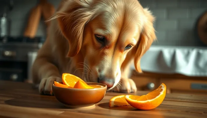 Köpekler için portakal tüketimi - taze portakal dilimleri ve köpek tabağı