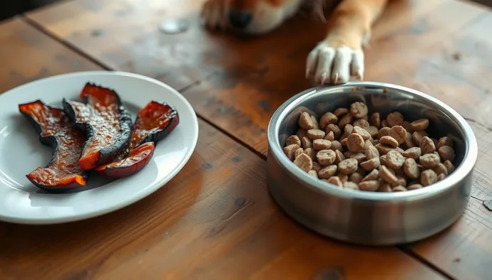 Bir tabağın kenarında sucuk dilimleri ve yanında duran köpek maması – sucukun köpek maması olmadığını gösteren görsel