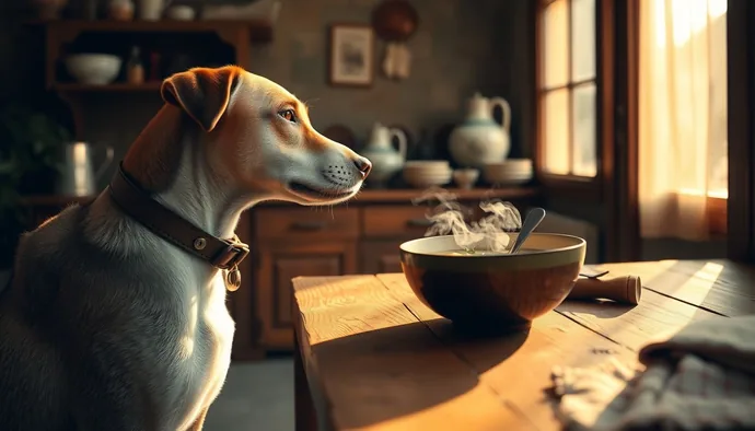 Köpek tasması ile mutfakta tarhana çorbası kasesi