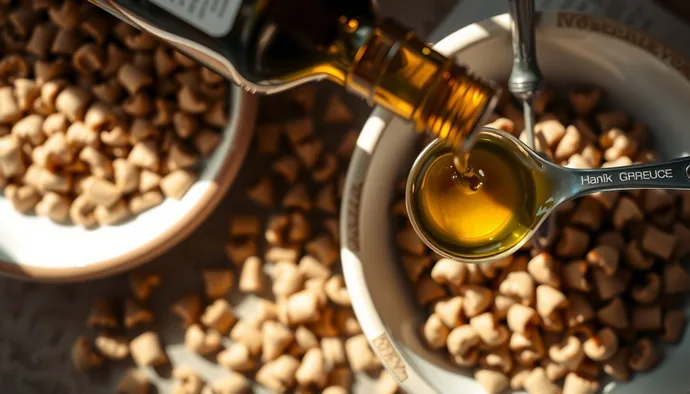 Zeytin yağı bir kasede ve yanında küçük bir ölçü kaşığı ile kuru mama