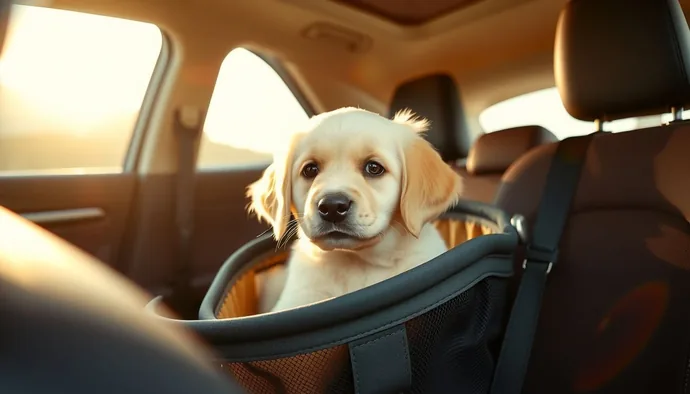 Yavru köpek araba içinde güvenli taşıma çantasında, pencereden dışarı bakarken