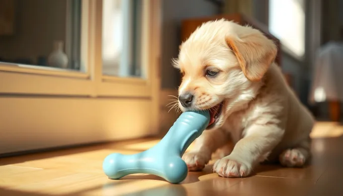 Yavru köpeğin diş değişimi döneminde diş eti kaşıntısını gidermek için uygun kauçuk çiğneme oyuncağı kullanması