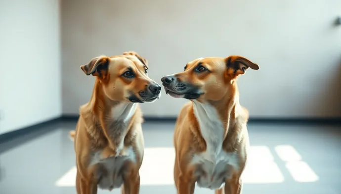 İki köpeğin kontrollü ortamda sosyalleşme sürecini gösteren eğitim sahnesi