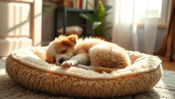 Yavru köpek yumuşak bir yatakta uyurken tüy dökümü yaşıyor