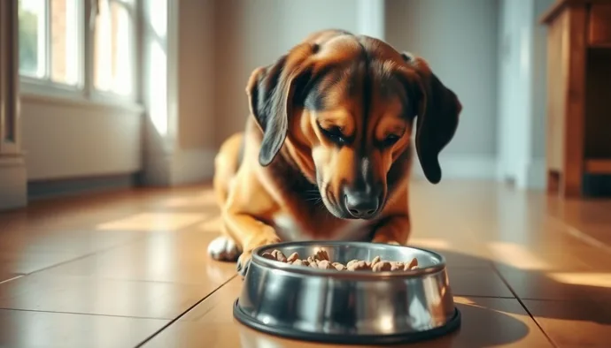 Mama kabı önünde iştahsız görünen köpek