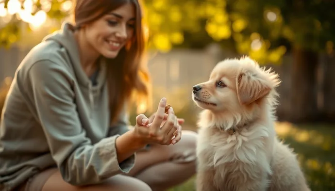 Sahibi yavru köpeğe otur komutu verirken, diğer elinde mama parçacığı tutuyor