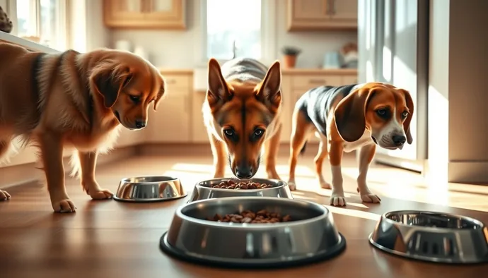 Farklı ırklardan köpeklerin mama kabı başında koruma davranışı sergilerken gösterildiği fotoğraf