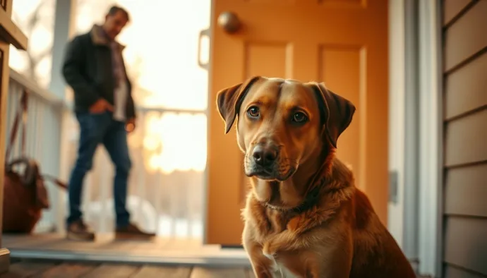 Köpek kapı eşiğinde oturmuş, kapı ziline dikkatle bakıyor; arka planda misafir bekler gibi görünüm