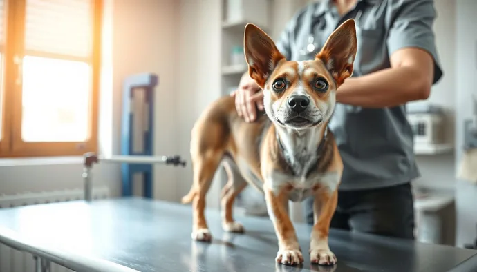 Köpeğin veteriner kliniğinde gergin bir şekilde muayene masasında durması, sahibinin sakinleştirici dokunuşu