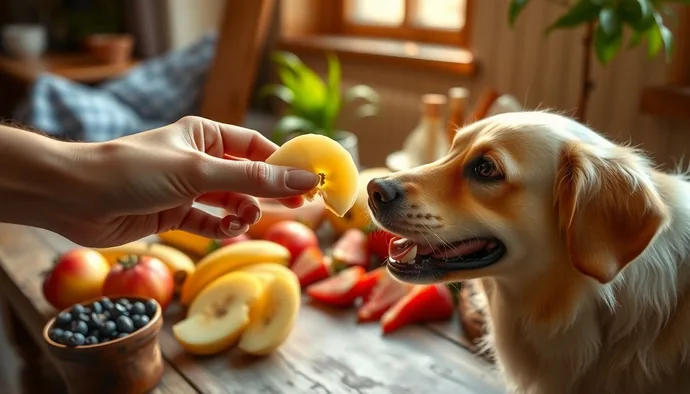 Köpeğe elma dilimi veren el, arka planda çeşitli meyveler