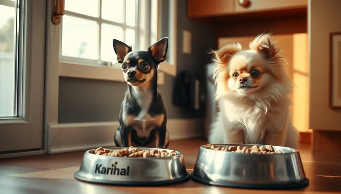 Chihuahua ve Pomeranian gibi küçük ırk köpeklerin mama kabı yanında oturmuş şekilde beslenme anı