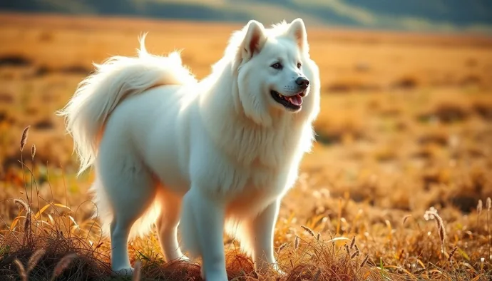 Kuvasz köpeği beyaz çift katmanlı tüy yapısı ve dik duruşuyla tipik görünüm