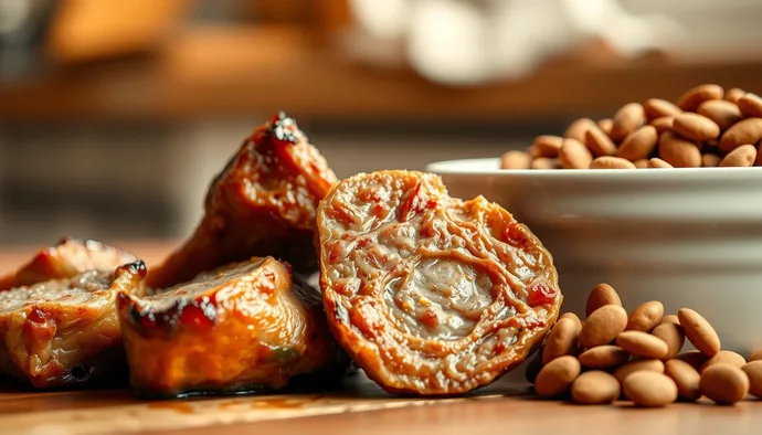 Pişirilmiş kuzu eti parçaları ve köpek maması kasesi