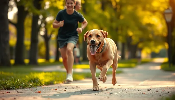 Aktif Labrador Retriever sahibiyle parkta koşuşurken, sağlıklı fiziksel formunu sergileyen bir görüntü