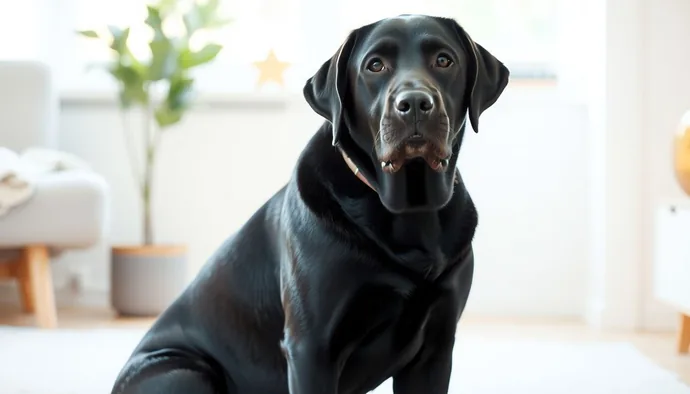 Siyah renkli Labrador Retriever ırkı, geniş kafa yapısı ve kaslı vücuduyla otururken