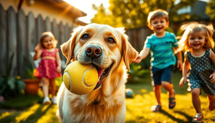 Labrador Retriever çocuklarla oyun oynarken, yumuşak ağız tekniğiyle top taşıyor