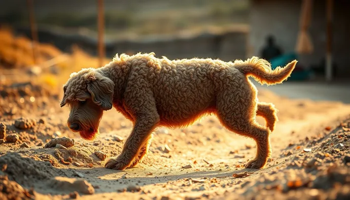 Lagotto Romagnolo ırkı, kıvırcık kablumsu tüyleriyle trüf mantarı ararken